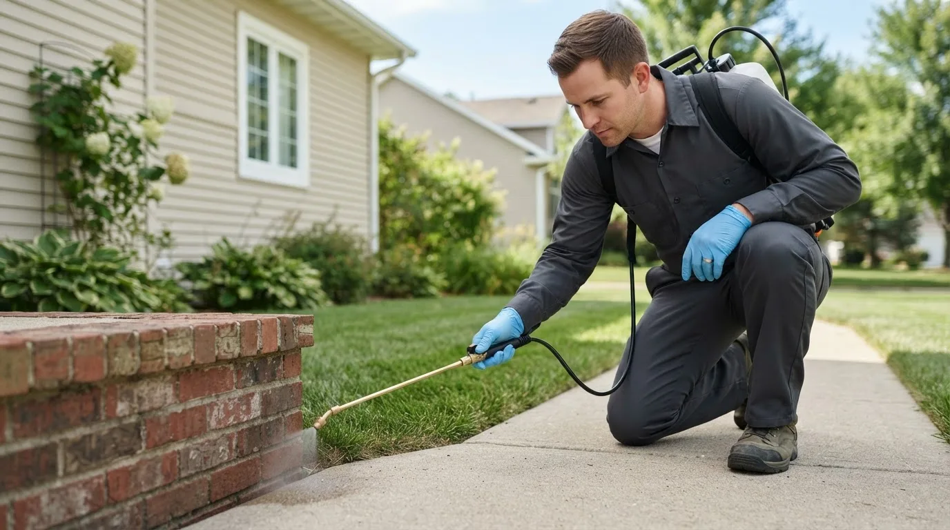Pest control technician treating a home near Worthington, IA