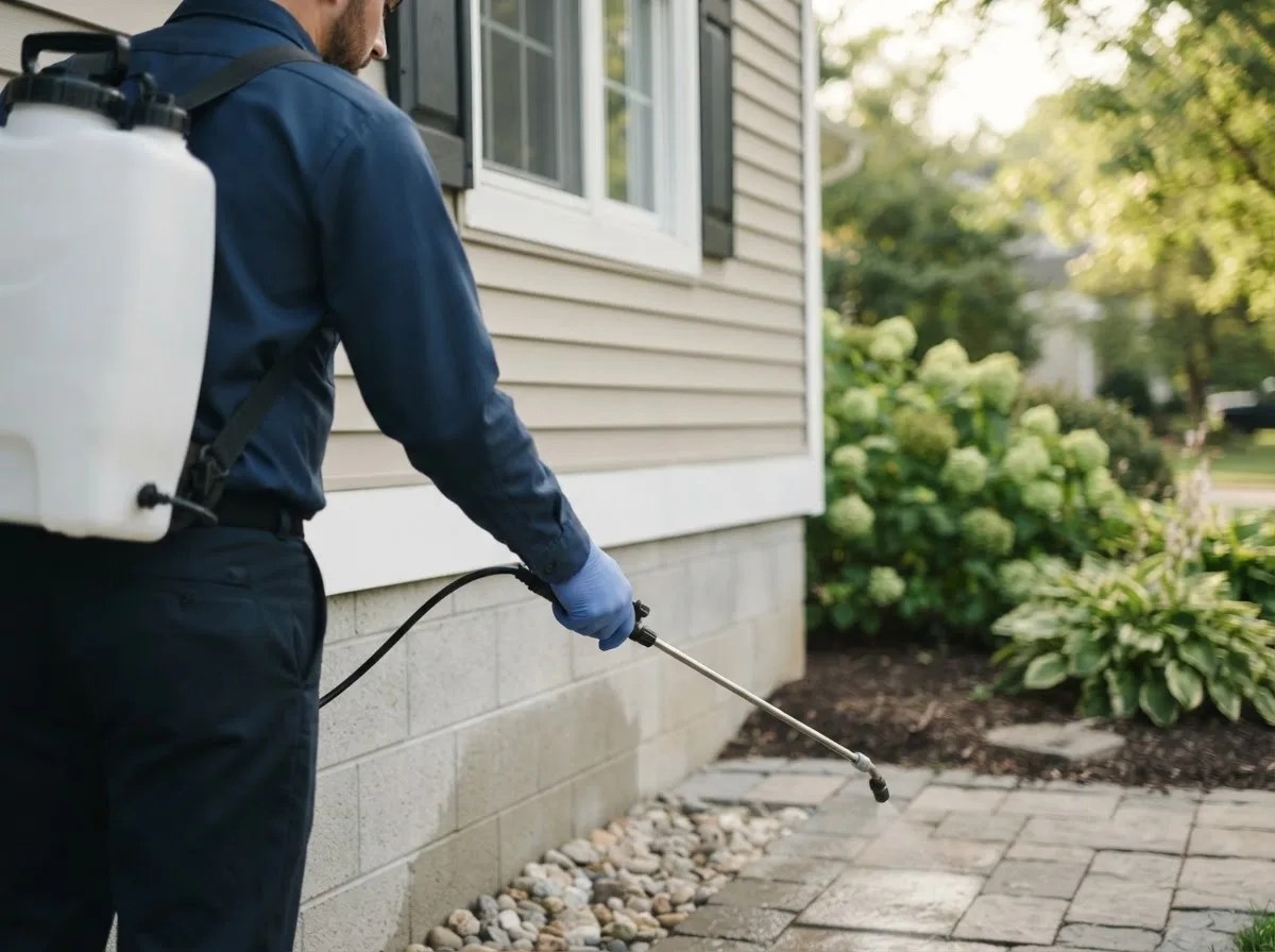 Pest control technician inspecting a home in Worthington, IA